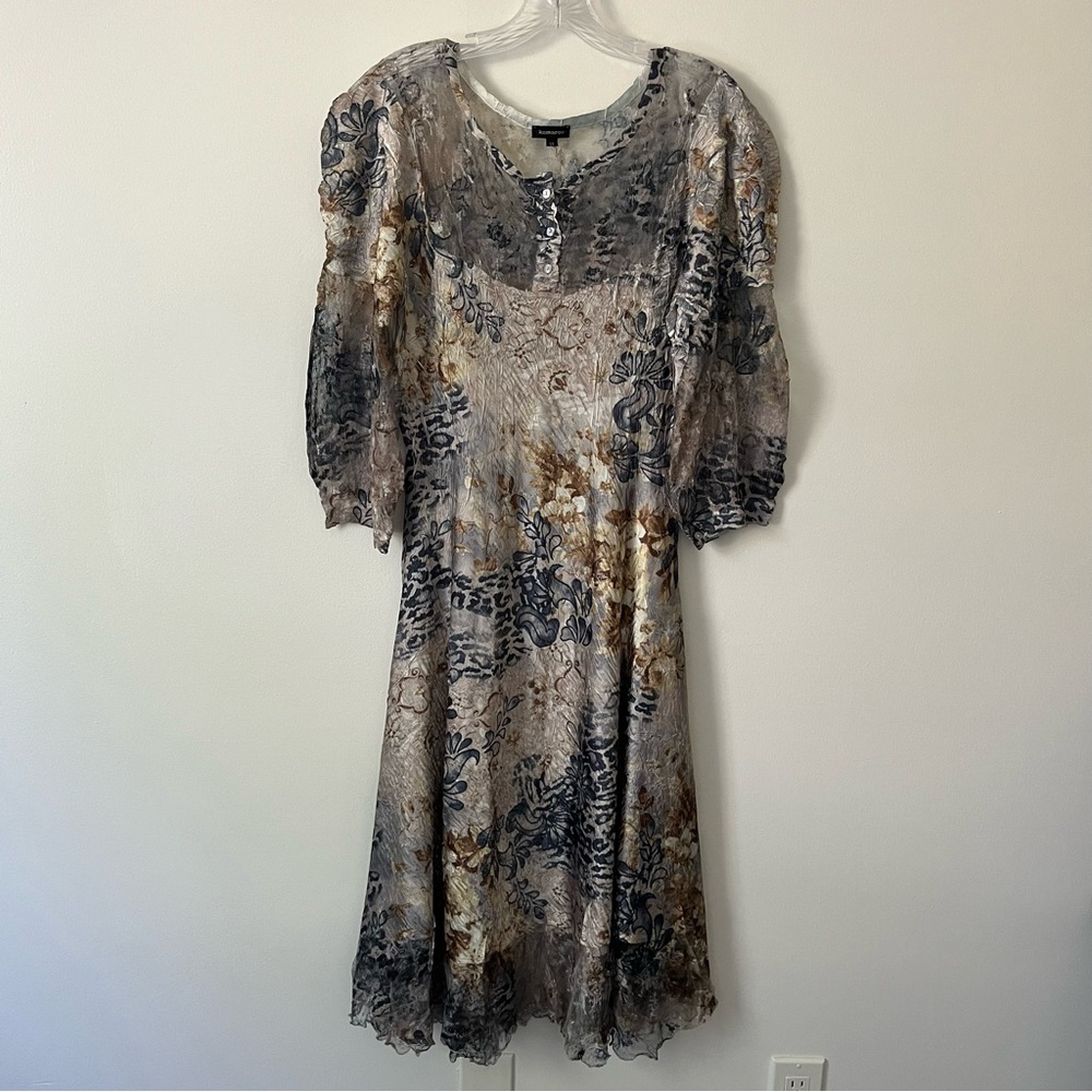Komarov Floral Leopard Animal Print Crinkle Lace Midi Dress XL Modest Charmeuse